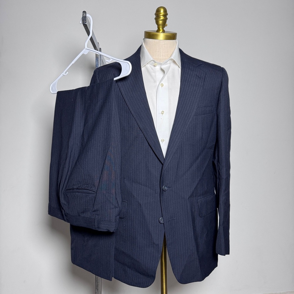CRICKETEER Mens Pinstripe‎ Wool Blend Suit 42R 33W 2pc Navy Business Formal